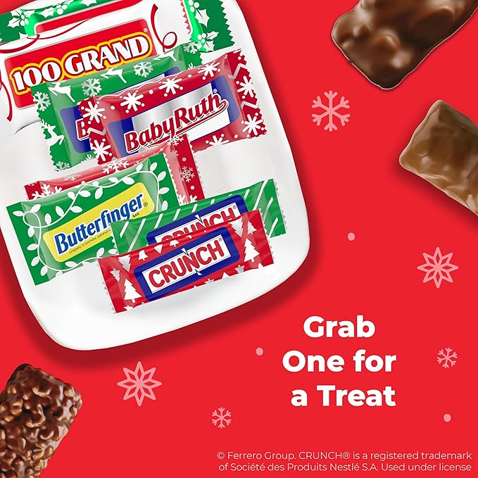 Butterfinger, CRUNCH, Baby Ruth, 100 Grand Assorted Fun-Size Bars, Individually Wrapped Holiday Candy, 80 Count, 30.5 oz