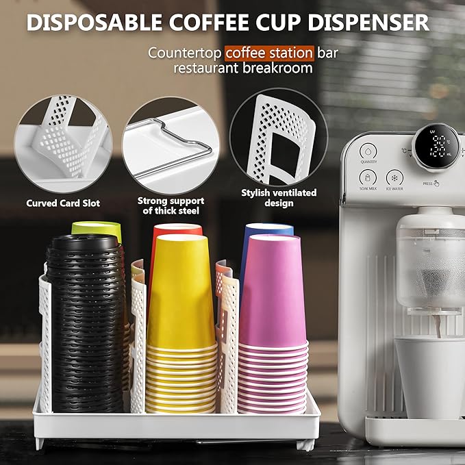 6-Slot Paper Cup and Lid Holder, Disposable Coffee Cup Dispenser, Upright Paper Cup Dispenser for Coffee Stations, Kitchens, Bars, Restaurants, Lounges (White)