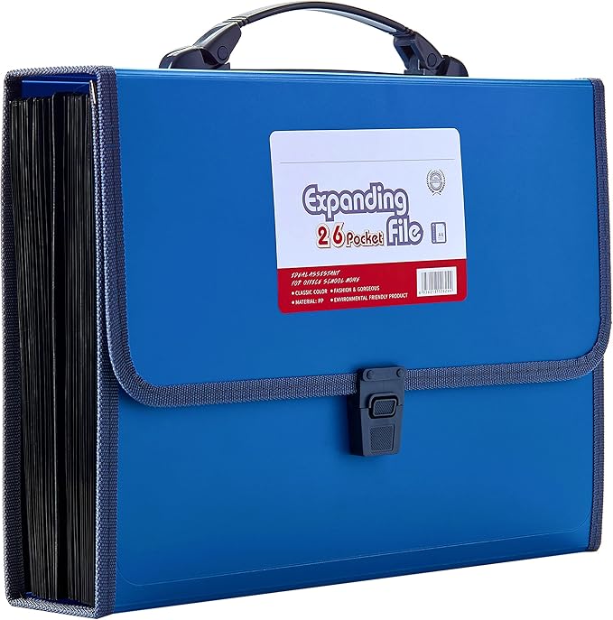 FANWU 26 Pockets Expanding File Accordion Folder with Handle - Letter A4 Paper Size - Expandable Large Plastic File Folder Wallet Monthly Portable Document Organizer with Flap & Buckle (Blue)