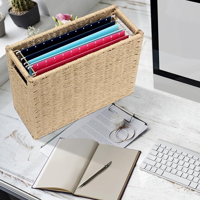 14.6 x 5.9 x 10.8 Inch Large Decorative File Box, Decorative File Baskets for Seagrass Hanging Organizers Portable Letter Size Document, Folder Filing Cabinet with Lid for Home Office Decor