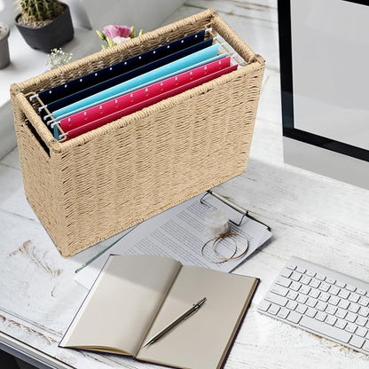 14.6 x 5.9 x 10.8 Inch Large Decorative File Box, Decorative File Baskets for Seagrass Hanging Organizers Portable Letter Size Document, Folder Filing Cabinet with Lid for Home Office Decor