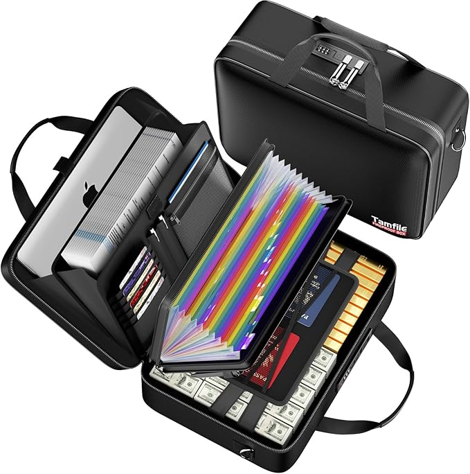 Tamfile Fireproof Document Box with Lock, Hard Case Fireproof Water Resistant File Organizer with 24 Colorful Pockets,Fire Safe Box for Important Documents、Valuables、Laptop、Passports (Black)