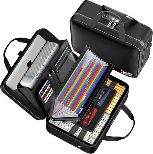 Tamfile Fireproof Document Box with Lock, Hard Case Fireproof Water Resistant File Organizer with 24 Colorful Pockets,Fire Safe Box for Important Documents、Valuables、Laptop、Passports (Black)