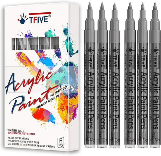 Silver Marker Paint Pens - 6 Pack Acrylic Silver Permanent Marker, 0.7mm Extra Fine Tip Paint Pen for Art project, Drawing, Rock Painting, Stone, Ceramic, Glass, Wood, Plastic, Metal, Canvas DIY Craft