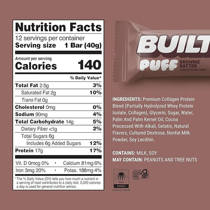Built Bar, Puff Protein Bars, Brownie Batter Puff, 17g Protein Snacks, On-The-Go Bars, Only 140 Calories, 6g Sugar, Collagen, Gluten Free, 12 Count