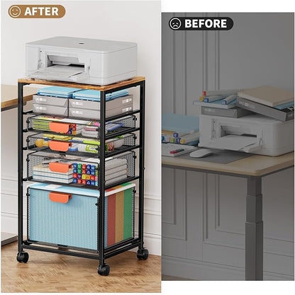 Marbrasse Rolling File Cart with 4 Storage Drawers, Mobile File Cabinet on Lockable Wheels, Hanging Filing Cabinet Organize, Under Desk Utility Cart for Home Office - Dark Brown