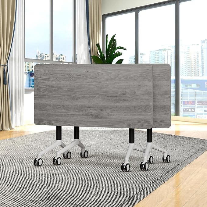 Conference Room Table, 55 Inch Folding Conference Tables with Wheels, Modern Office Meeting Table, Easy Flip & Nest Design, Rectangular Seminar Tables with Metal Frame for 2-24 People(C 2PCS)