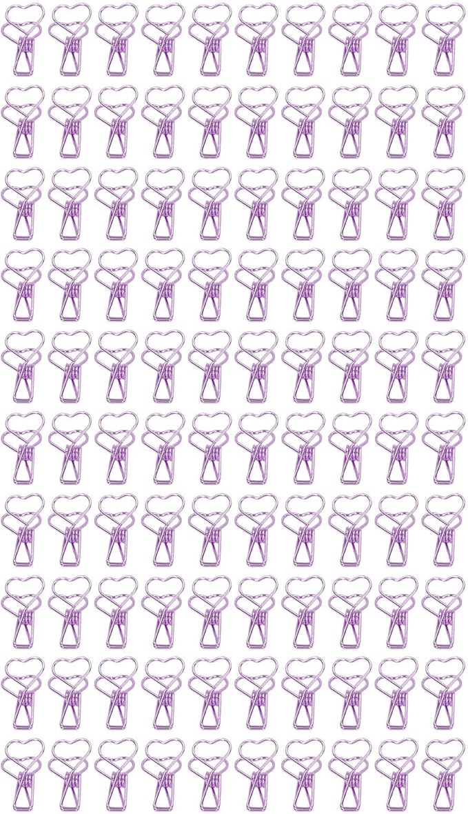 Clips in Assorted Sizes, Medium Metal Paper Clips, 100 Pcs Rose Gold - Strong Clamping Force, Hollow Heart Shape, Cute Office Document Accessories (Purple)