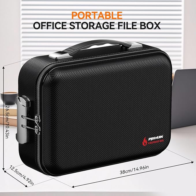 Fireproof Document Box with Lock, Large Hard Fireproof File Organizer Heat Insulated Fireproof Waterproof Box Portable Home Travel Safe Storage for Important Documents Files Laptop Passports Black