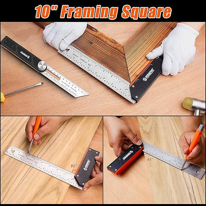 4Pcs Woodworking Tools -7''Aluminum Rafter Square,12''Adjustable Protractor Angle Finder,10'Woodworking Square Ruler and T-Bevel Gauge-1/16 Precision…