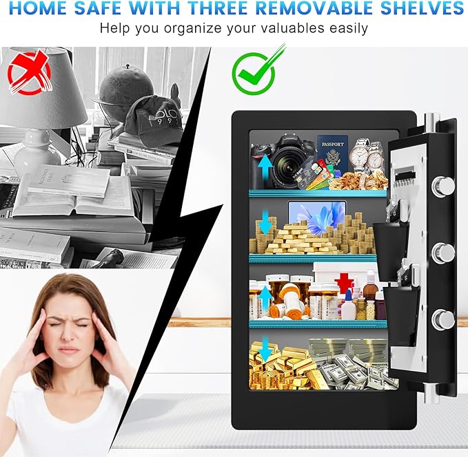 5.1 Cuft Large Biometric Fireproof Safe for Home Use, Quick-Access Fingerprint Safe Box with Fireproof Document Bag, 3 Removable Shelves and Dual Alert, Security Safety Box for Home Office