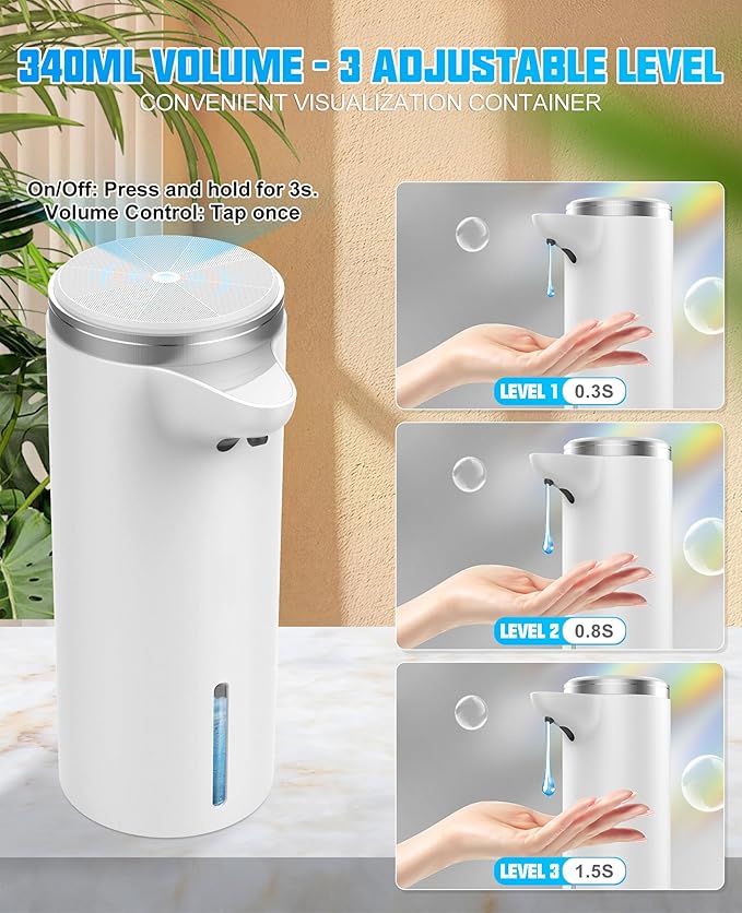 Automatic Soap Dispenser Touchless, 2025 Upgraded IPX7 Waterproof USB Rechargeable Liquid, Auto & Manual Modes, Adjustable 3 Level Volume, Hands-Free Soap Dispenser for Bathroom Kitchen