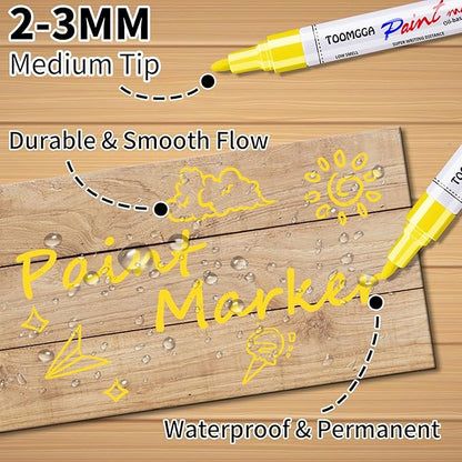 Yellow Permanent Paint Pens Paint Markers - 12 Pack Oil Based Markers, Quick Drying and Waterproof Marker Pen, Car Tire, Metal, Rock Painting, Wood, Ceramic, Plastic, Canvas, Mugs, Medium Tip