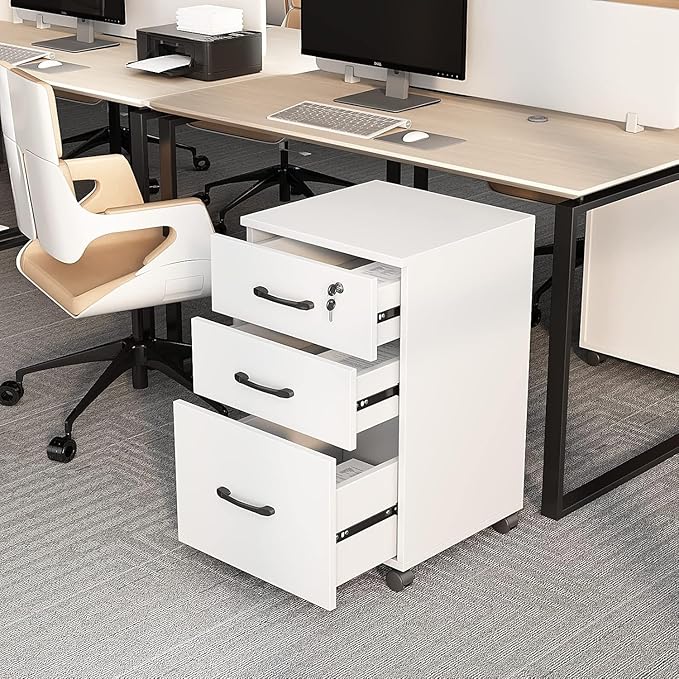 File Cabinet 3 Drawers with 1 Lock Wooden Rolling Mobile Filing Cabinet with Wheels for Home Office Under Desk File Cabinet Office Storage Cabinet, White
