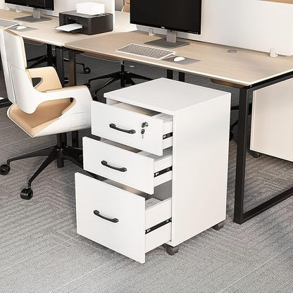 File Cabinet 3 Drawers with 1 Lock Wooden Rolling Mobile Filing Cabinet with Wheels for Home Office Under Desk File Cabinet Office Storage Cabinet, White