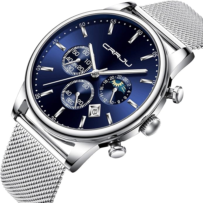 CRRJU Men's Fashion Casual Watches Auto Date Chronograph Watch Men Nice Work Watches Waterproof 30M Full Steel Quartz with Mesh Strap