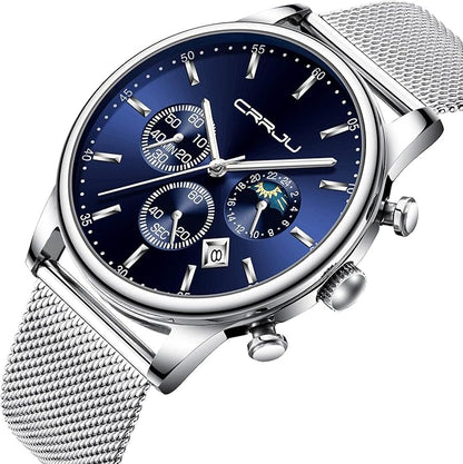 CRRJU Men's Fashion Casual Watches Auto Date Chronograph Watch Men Nice Work Watches Waterproof 30M Full Steel Quartz with Mesh Strap