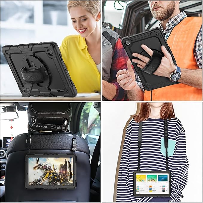 SEYMAC stock Case for Samsung Galaxy Tab A9 8.7'', Full-Body Drop Protection Case with Screen Protector Pencil Holder [360° Rotating Hand Strap] &Stand, Black