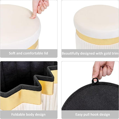 Small Ottoman with Storage,Folding Round Ottoman with Gold Trim,Velvet Storage Stool,Foot Stool with Soft Padded,Foot Rest for Living Room13“x13”x12.4(YZbeige,2pcs)