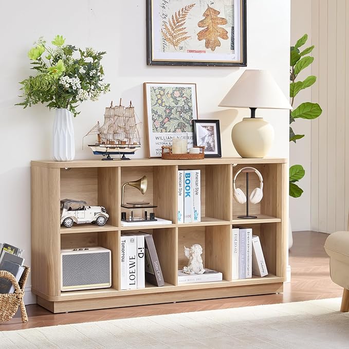 8 Cube Storage Book Shelf, 52" Long Horizontal Bookshelf with Curved Edge, Floor Standing Wooden Cubby Bookcase with Base, Modern Low Console Book Case, TV Stand for Living Room, Natural Oak