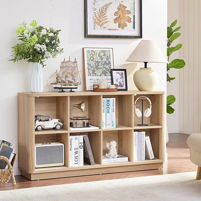 8 Cube Storage Book Shelf, 52" Long Horizontal Bookshelf with Curved Edge, Floor Standing Wooden Cubby Bookcase with Base, Modern Low Console Book Case, TV Stand for Living Room, Natural Oak