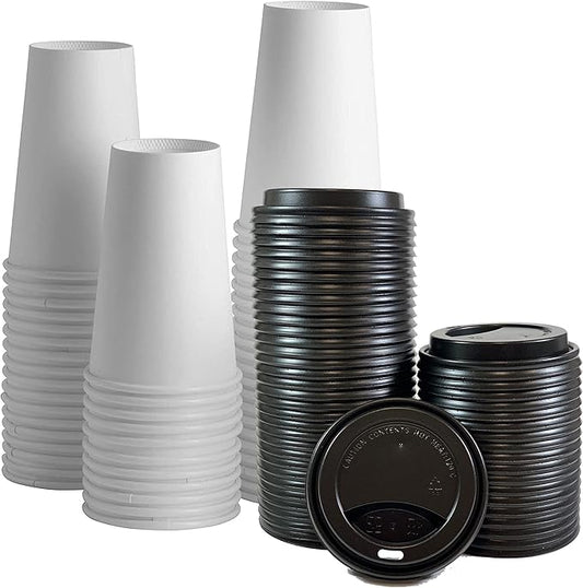 Disposable White Paper Cups with Black Lids Coffee Cups with Lids 400 sets (16oz)
