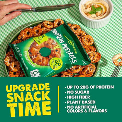 Crisp Power Protein Pretzels, Everything, High Protein Vegan Keto Snack, 28 G Plant Based Protein, Low Carb Crunchy Pretzel Snacks, No Added Sugar, No Seed Oils, 1.75 oz Bags, 6 Pack