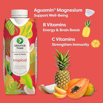 Greater Than Nutrient Hydration Beverage, Electrolyte Drink for Gut Health & Energy with Coconut Water, Vitamins, Gluten Free, Plant Based, Low Sugar, Tropical, 24 Pack