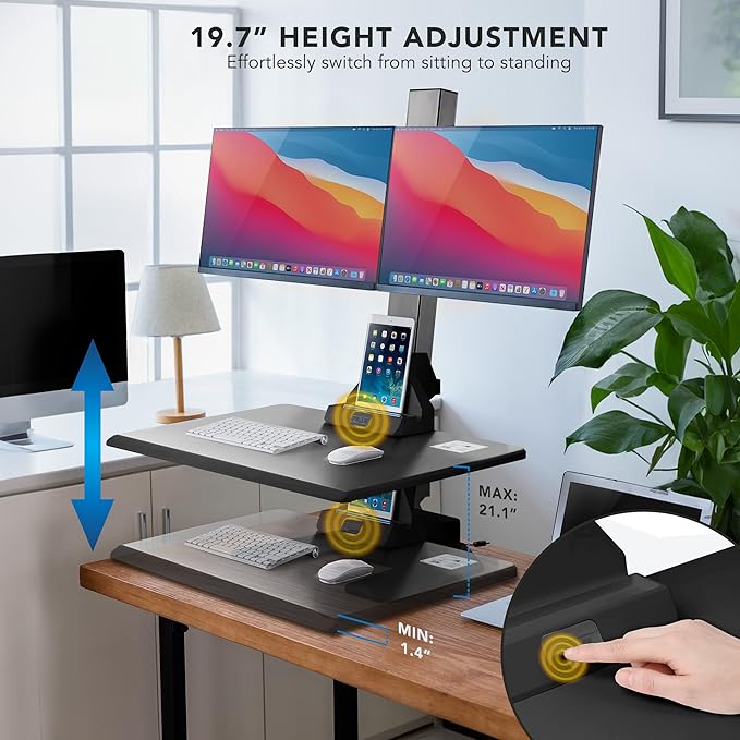 Mount-It! Double Monitor Electric Standing Desk Converter - 2 Screens Stand Up Desk Riser - Height Adjustable Desktop & 2 Mounts for Screens up to 32", Sit-Stand Convertor for Home, Office, School