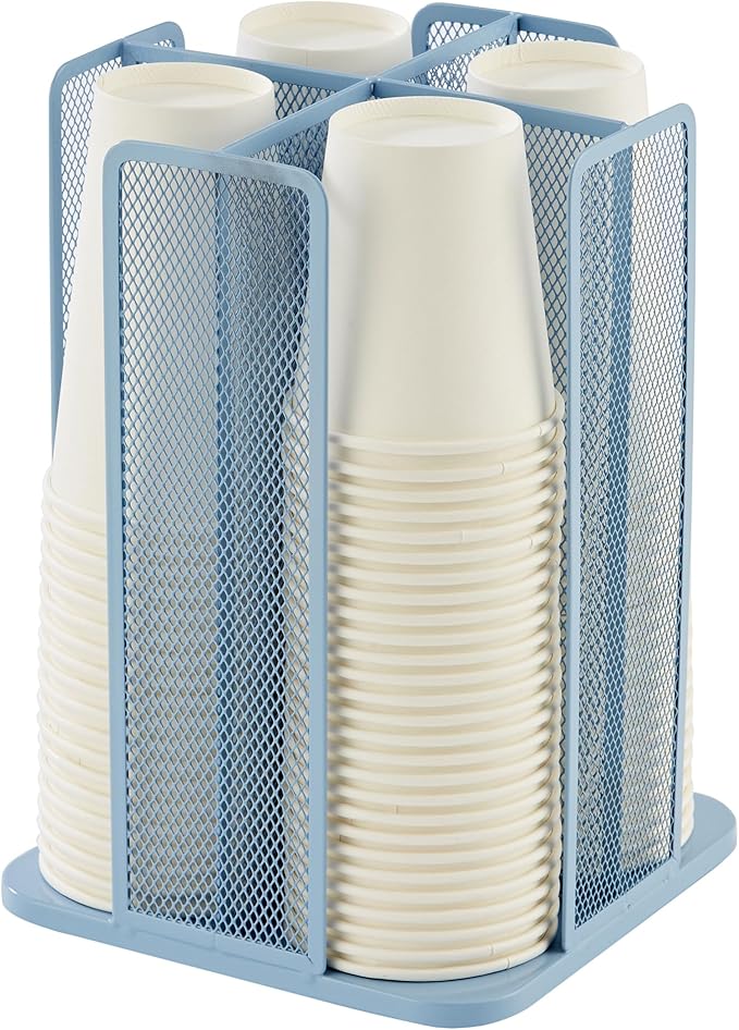 Annova Paper/Plastic Cup and Lid Holder Plastic Storage Organizer, 360°Rotating Coffee Mup Dispenser with 4 Compartments, Multifunctional Storage Rack for Home, Office, Bar, Coffee Shop (New Blue)