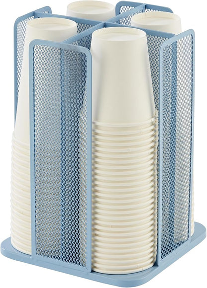 Annova Paper/Plastic Cup and Lid Holder Plastic Storage Organizer, 360°Rotating Coffee Mup Dispenser with 4 Compartments, Multifunctional Storage Rack for Home, Office, Bar, Coffee Shop (New Blue)