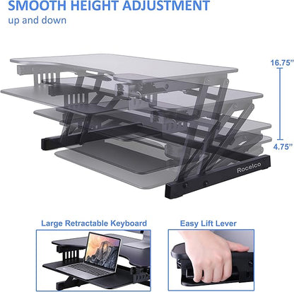 Rocelco 32" Height Adjustable Standing Desk Converter with Anti Fatigue Mat BUNDLE - Sit Stand Up Dual Monitor Riser - Computer Workstation - Large Retractable Keyboard Tray - Black (R ADRB-MAFM)