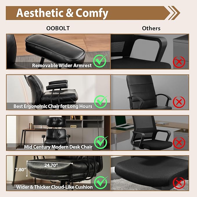 Ergonomic High Back Office Chair, PU Leather Home Office Desk Chairs with Wheels, Lumbar Support Swivel Computer Chair with Rocking Function, Black