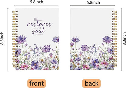 Christian Notebook for Women, Christian Art Gifts Journal, Prayer Journal for Women, Bible Journaling Notebook, PSALM 23:3 He Restores My Soul Floral Spiral Notebook 5.5x8.3