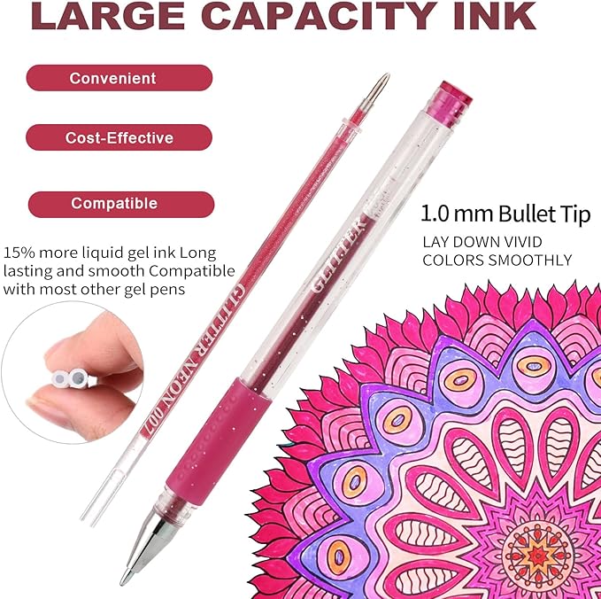 72 Pack Glitter Gel Pens, 36 Colored Gel Pen with 36 Refills,40% More Ink Write Smooth for Adults Coloring Books Drawing Doodling Scrapbooks Bullet Journaling