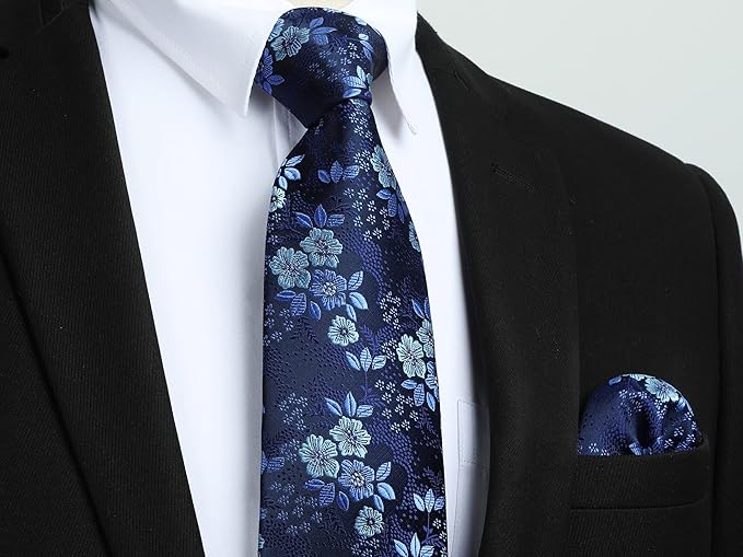 HISDERN Men Floral Ties Woven Classic 3.4" Necktie Set Formal Tie Pocket Square for Wedding with Handkerchief Gift Box