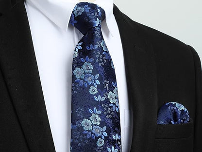 HISDERN Men Floral Ties Woven Classic 3.4" Necktie Set Formal Tie Pocket Square for Wedding with Handkerchief Gift Box