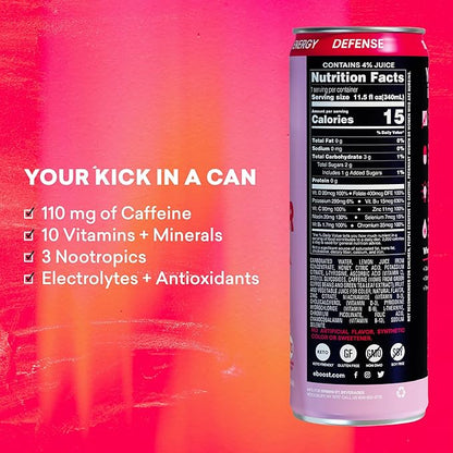 EBOOST Super Fuel Healthy Energy Drink - Caffeine from Natural & Clean Ingredients For Focus and Productivity -Taurine Free Pre-Workout With Electrolytes, Nootropic - Strawberry Lemonade, 12 Pack