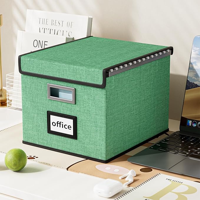Huolewa Decorative File Organizer Box with Lid, Collapsible File Storage Organizer Boxes with Lids, Linen Hanging Filing&Storage Boxes for Office/Decor/Home, Filing System for File and Folders Storage