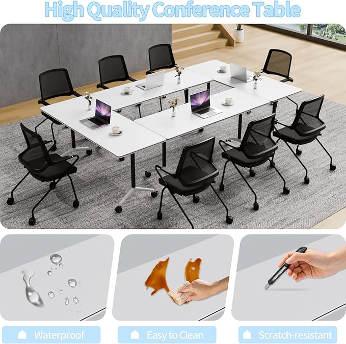Conference Table, Foldable Conference Room Tables with Silent Wheels, Folding Modular Seminar Meeting Tables, Modern Rectangle Training Table for Office, Boardroom (2, White2, 55.1)