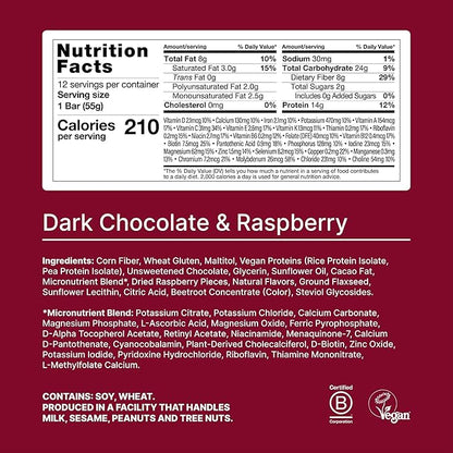 Huel Complete Nutrition Vegan Protein Bars | Dark Chocolate Raspberry | 13g Protein | 27 Vitamins & Minerals, 2g Sugar, Non-GMO, 100% Plant Based Snack | 12 Pack
