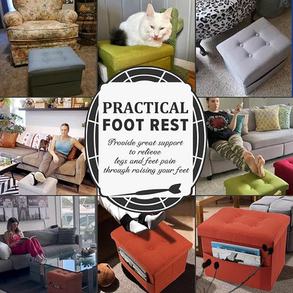 LINMAGCO Storage Ottoman Folding Foot Stool Foot Rest with Side Pocket Modern Ottoman with Storage Short Sofa Stool Linen Cloth 17x13x13(Orange)