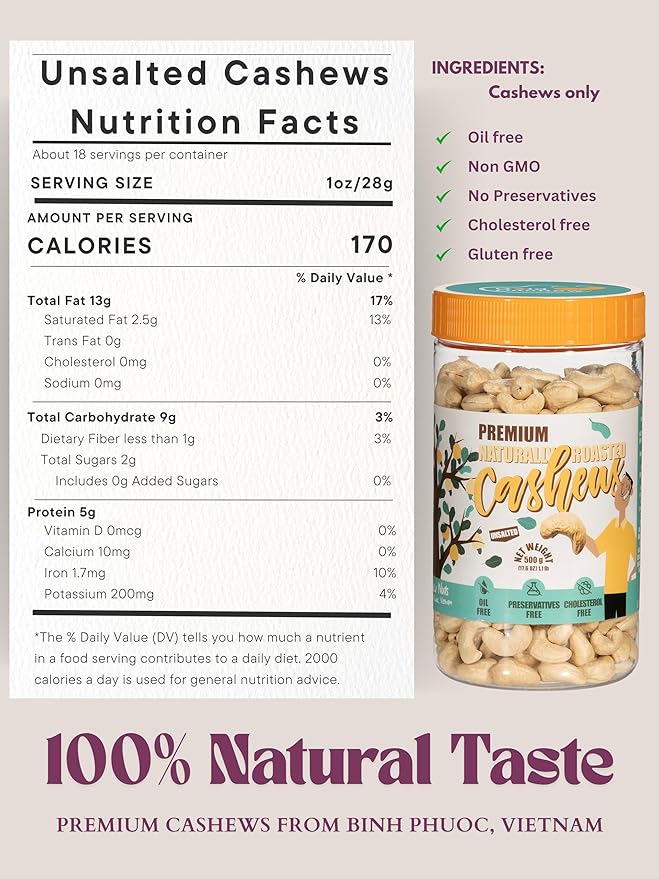 Roasted Unsalted Cashews - Snacks for Adults, Whole Nut (No Mixed), Oil Free Roast, Farm Fresh, Plant Based Protein, Healthy Nuts, Promote Heart Health, Ingredient: Natural Cashew 17.64 oz (Pack of 1)