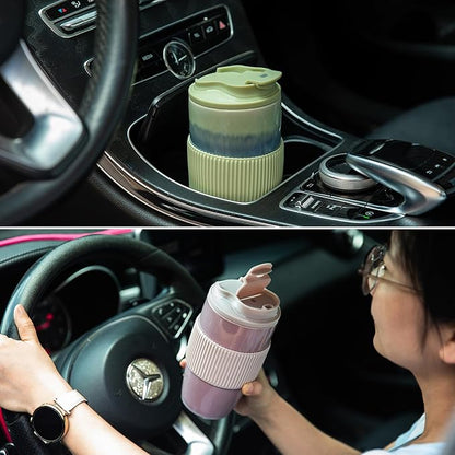 Ceramic Travel Coffee Mug with Polypropylene Lid and Insulated Sleeve, 16 oz, Portable Coffee Cup for Car Cup Holder, Transmutation Glaze Microwave and Dishwasher Safe(Blue)