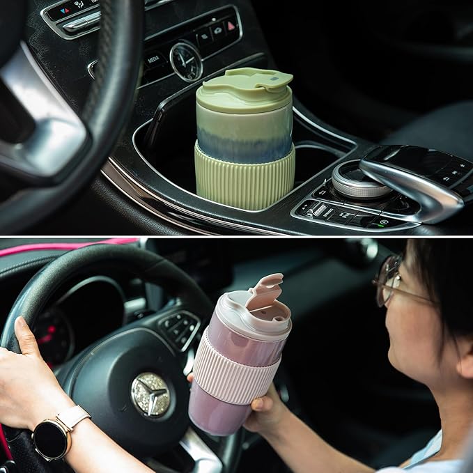 Ceramic Travel Coffee Mug with Polypropylene Lid and Insulated Sleeve, 16 oz, Portable Coffee Cup for Car Cup Holder, Black Matt Finish Mug, Microwave and Dishwasher Safe(Black)