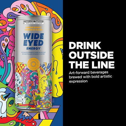 Collective Arts Wide Eyed Energy Drinks | Naturally-Flavored Caffeinated Vitaminized Sparkling Beverage With Fruit Extracts | Lemon Berry BOOST | Pack of 12 | 12 fl oz.(355ml)