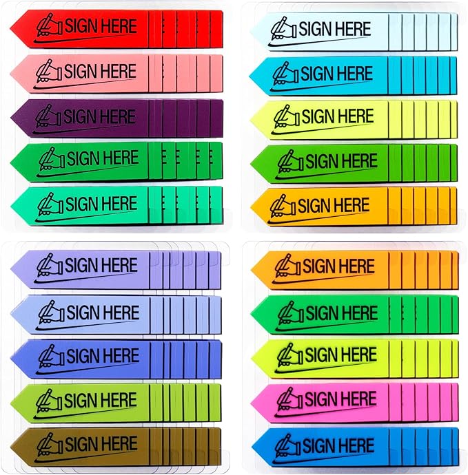 2400 Pcs Sign Here Index Marker, Assorted Colors Sign Here Tabs Sign Post Here Index, Flags Vital Signs Sticky Notes for documents notebooks Contracts, Books,Files or Notary Supplies(4 Designs x 6)