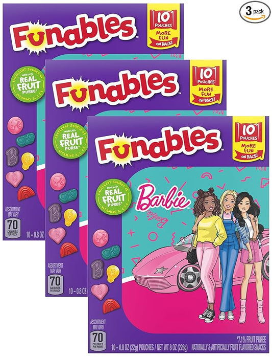 Funables Fruit Snacks, Barbie Shaped Fruit Flavored Snacks, 0.8 ounce Pouches (Pack of 30)