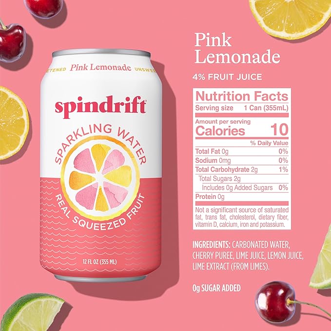 Spindrift Pink Lemonade Can 12 Ounce (Pack of 24)