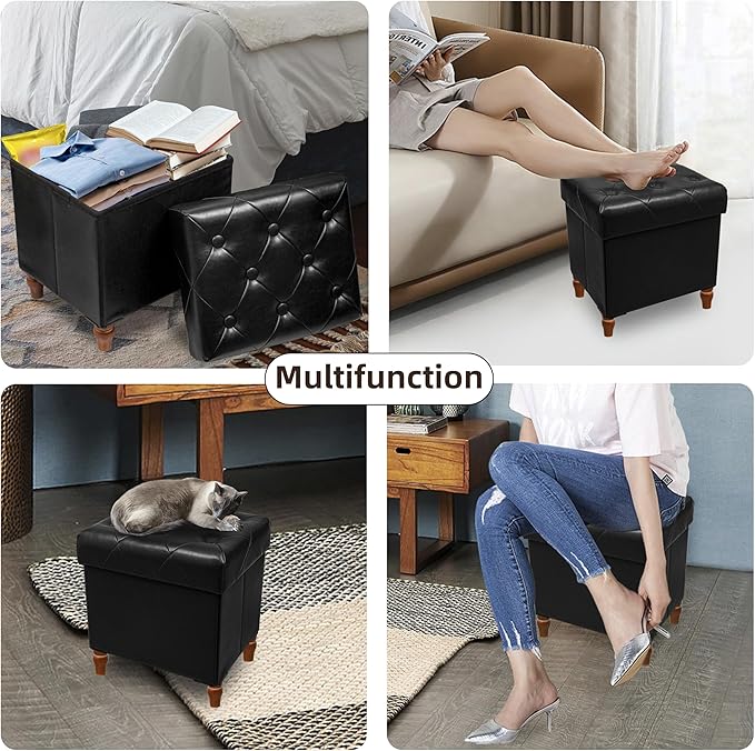 CAROLMADE Folding Storage Ottoman Cube PU Leather Footstool with Wood Legs Ottoman Footrest for Living Room and Bedroom Black, 15x12.6 x 15.4”